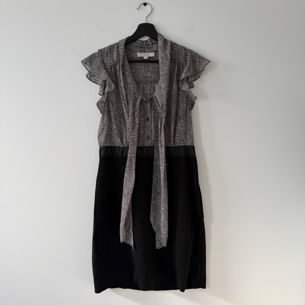 Loft Dress Womens 8 Midi Black Grey Front Tie Abstract Print